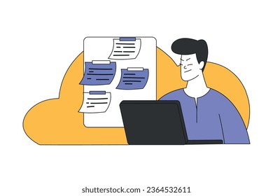 Joven en la tarea de realizar multitareas en portátiles con iluminación vectorial de última línea