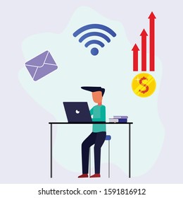 Young man with a laptop on the table and a graph of business rise. Success in business and economic growth. Modern vector illustration