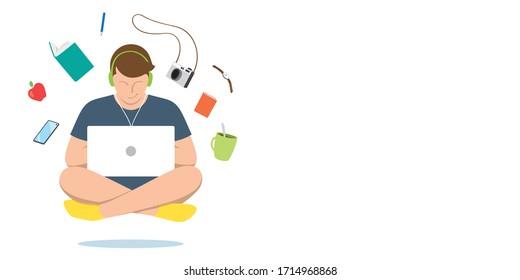 A Young Man With Laptop And Personal Accessories, Floating In The Air. Working From Home, Concept Vector Illustration.