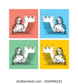 Young man and laptop. A programmer works on a computer. Vector portrait of hacker, remote work and freelancer working concept. 
Free-hand drawn, doodles sketch.