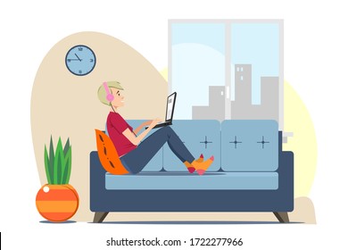 Joven con portátil relajándose en el sofá de casa. El tipo usa auriculares, usa computadora, mira películas, escucha música. Ilustración vectorial para comunicación, trabajo distante o concepto de aprendizaje