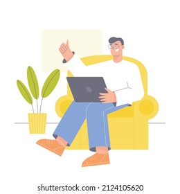 Young man with laptop sitting in armchair and smiling. Working from home concept. Flat character vector illustration.