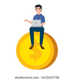 young man with laptop sitting in coin vector illustration design