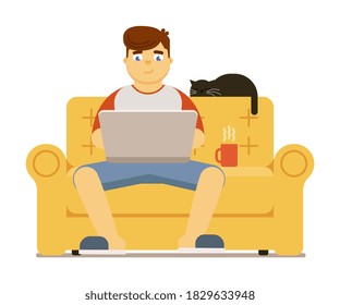 Young man with laptop sitting on sofa at home vector illustration isolated on white background