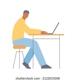 Young man with laptop sitting on chair at the desk and working. Flat character vector illustration. 