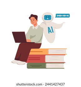 Young man with laptop sitting on a stack of books. AI assistance robot chat bot. Online education, distance studying. Learning with Artificial intelligence machine concept vector illustration