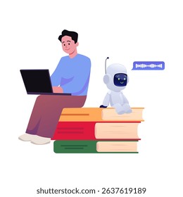 Young man with laptop sitting on stack of books. AI assistance, chat bot robot speaks. Online education, distance studying. Learning with Artificial intelligence machine. Vector flat illustration