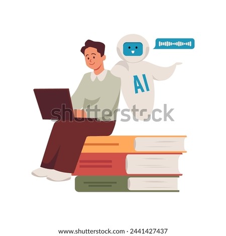 Young man with laptop sitting on a stack of books. AI assistance robot chat bot. Online education, distance studying. Learning with Artificial intelligence machine concept vector illustration