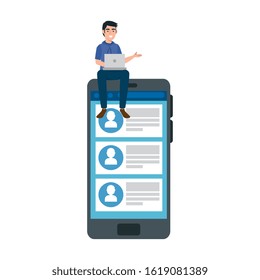 young man with laptop and smartphone vector illustration design