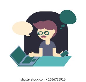 Young man with laptop and smartphone at the workplace. Color vector flat isolated illustration.