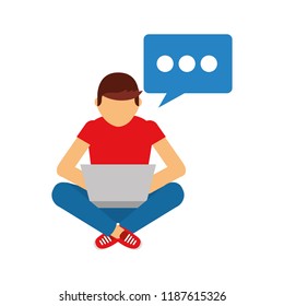 young man with laptop and speech bubble
