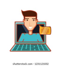 young man with laptop and speech bubble