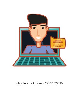 young man with laptop and speech bubble