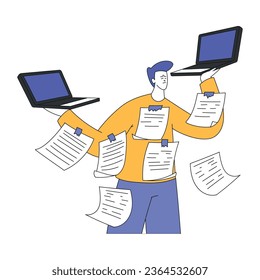 Young Man with Laptop and Stickers Multitasking Accomplishing Task Having Deadline Vector Illustration