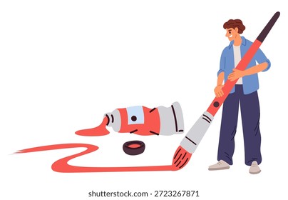 Joven con Grande pincel pinta la imagen. Tubo de aceite de acrílico rojo apretado. Dibujo del pintor en el suelo. Gouache derramado. Herramientas de Artista. Pintor sosteniendo un gran pincel. Pinceladas de color. Concepto de Vector