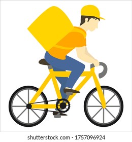 A young man with a large yellow backpack on his back rides a bicycle. A delivery service employee is taking a package on his bike. Cartoon vector flat character isolated on white background.