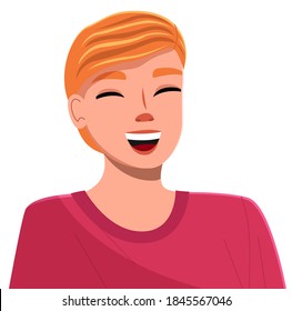 Young man laughing facial expression, cartoon vector illustrations isolated on white background. Handsome boy or young girl with short hair in pink t-shirt smiling with closed eyes and open mouth