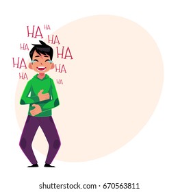 Young man laughing out loud, crying from laughter holding stomach, cartoon vector illustration with space for text. Full length portrait of young man bursting with laughter, laughing to tears