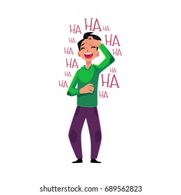 Young man laughing out loud, crying from laughter holding forehead, cartoon vector illustration isolated on white background. Full length portrait of young man bursting with laughter, laughing to tear