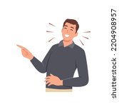 Young man laughing while pointing. Flat vector illustration isolated on white background