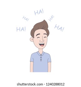 Young man laughs. Hand drawn illustration of boy with laughter emotion in cartoon style. Vector.