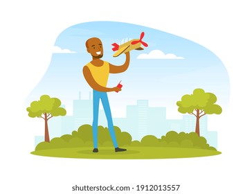 Young Man Launching Radio Controlled Airplane, Creative Handicraft Hobby Cartoon Vector Illustration