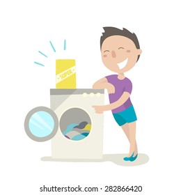 The young man in the laundry room. This day is washday. Flat design. Vector illustration.