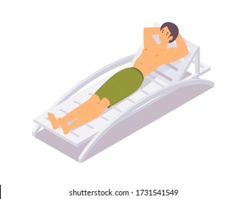 Young man laying down on outdoor lounger relaxed with smile. Isometric isolated on white background illustration