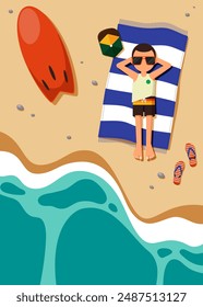 Young man laying down on beach mat with surfboard in summer time. Happy holiday concept flat design style. Can be used for print, publication, brochure, leaflet, flyer, banner, vector illustration