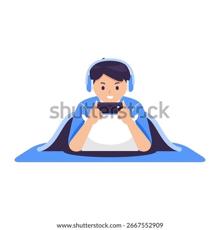 young man laying down on blue bed using smartphone and headphone for playing game, front view, gamer concept