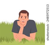 Young man laying in grass. Flat vector illustration isolated on white background