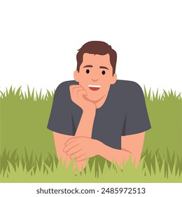 Young man laying in grass. Flat vector illustration isolated on white background