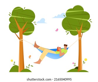 Joven tendido en hamaca, leyendo un libro entre árboles del jardín. Concepto de verano. Ilustración vectorial plana