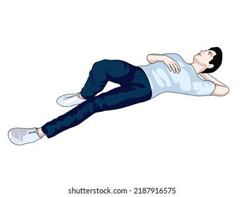 Young man is laying and resting. Casual poses vector illustration. Pose 5