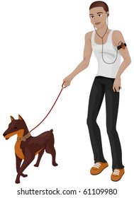 A Young Man With Lean Physique Taking His Dog for a Walk - Vector