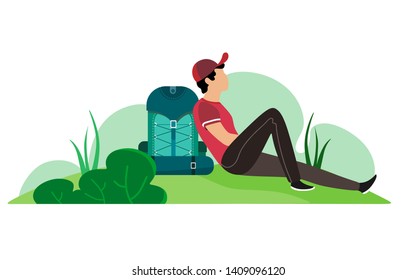 O jovem se inclinou sobre sua mochila para caminhada e descansou. Ilustração vetorial sobre fundo branco.
