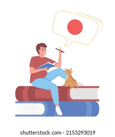 Hombre joven aprendiendo japonés por sí mismo de carácter vector de color semiplano. Sentado. Persona de cuerpo entero sobre blanco. Ilustración simple de estilo de dibujos animados para diseño gráfico web y animación