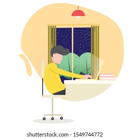 Young man learning on laptop at her working desk. Concept for student homework. Flat style vector illustration isolated on white background, suitable for wallpaper, banner, book illustration.