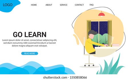 Young man learning on laptop at her working desk. Concept for student homework. Web Template Concept. Landing Page Concept. Flat Cartoon Vector Illustration