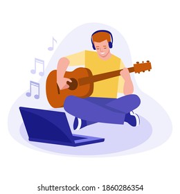 A young man is learning to play the guitar. Looks at the laptop. Concept on the topic of online learning. Vector illustration.