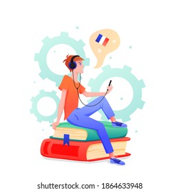 Young man learns foreign language in online course or school vector illustration. Cartoon teen student characters in headphones sitting on piles of books, learning Italian and French isolated on white