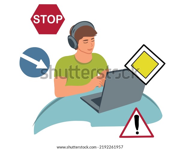 A young man learns the rules of the road,\
chooses the answer to an online test question. Driving school\
education. Remote driving test. Stages of training in a driving\
school. Flat vector\
illustration
