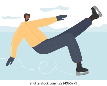 Un joven aprende a patinar. Hombre con ropa deportiva y patines cayendo sobre el hielo. El tipo se resbaló en el hielo. Estilo de vida activo y atención de la salud. Dibujo vectorial de dibujos animados planos de color. Deportes de invierno. 