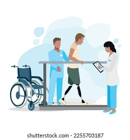 un joven aprende a caminar sobre piernas protésicas en un centro de rehabilitación. El médico ayuda al paciente a rehabilitarse después de la amputación de la pierna. Gracias médicos y enfermeras. Ilustración vectorial.
