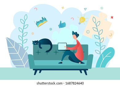A young man learns while sitting on a sofa with a laptop, doing work online. Distance learning and working outside the office vector illustration