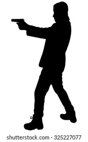 young man in leather jacket holding a gun