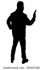 young man in leather jacket holding a gun