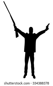 young man in leather jacket holding a rifle and gun