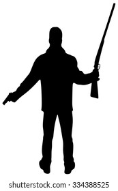 young man in leather jacket holding a rifle and gun