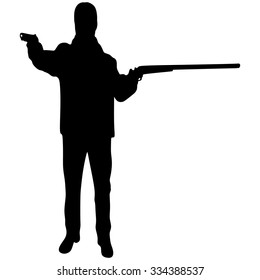 young man in leather jacket holding a rifle and gun